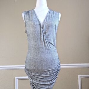 Black & White Sleeveless Ruched Stretch Wrap Midi Dress